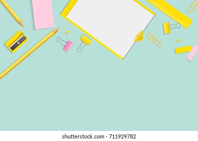 Creative, fashionable, minimalistic, school or office workspace. Flat lay. vector design.