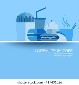 Creative fast food cafe poster or flyer in blue flat design vector illustration