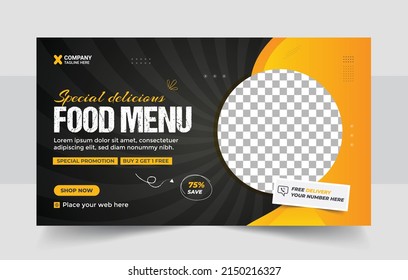 Creative Fast food restaurant menu social media marketing web banner template design. Pizza, burger and healthy food business online promotion flyer with abstract background, logo and icon.