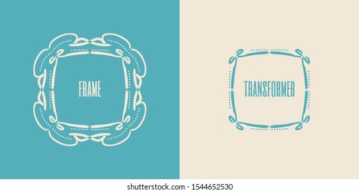 Creative fat square vintage frame-transformer in vector, set. Isolated. Separated border elements in named layers for arranging the parts of your own frame.