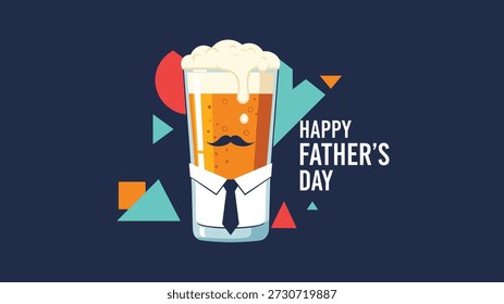 Creative Father's Day concept featuring a glass of foaming beer wearing a shirt and tie with a mustache on a dark background.