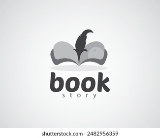 creative feather pen on an open book logo design