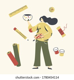 Creative Female Character Enjoying Handmade Hobby. Young Woman Artist Drawing Acrylic or Oil Paints on Clay or Ceramics Pot. Lifestyle Painting Activity, Creativity Concept. Linear Vector Illustration