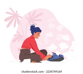 Creative Female Character Writer oder Editor Sitting on Floor mit Schreibmaschine und Scatter Papers um. Inspirierte Autorin des Buches. Vektorgrafik von Cartoon People