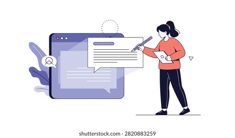 Creative female designer writing content or code on a giant digital screen tablet using a stylus pen for web development.