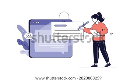 Creative female designer writing content or code on a giant digital screen tablet using a stylus pen for web development.