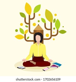 Creative female writer, author sitting on pencil background and book, volume, flat vector illustration. Meditation novelist woman character, artistic path writer, author looking for muse.