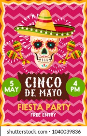 Creative festive poster with skull on pink background. Banner for fiesta party Cinco de Mayo at 5 of May. Mexican holiday Cinco de Mayo poster with maracas and hat, symbols of Cinco