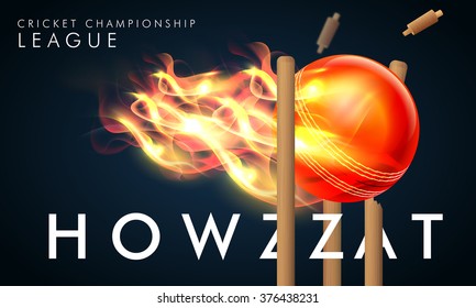 Creative fiery ball hit the wicket stumps with stylish text Howzzat for Cricket Championship League concept.