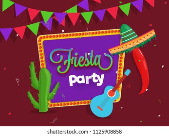 Creative Fiesta Party flyer design with illustration of guitar, cactus plant and sombrero hat on brown background with colorful bunting flag.