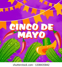 Creative fiesta party flyer design with illustration of cactus plant and sombrero hat on purple background with colorful bunting flag.