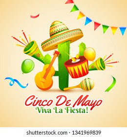 Creative fiesta party flyer design with illustration of guitar, maracas and sombrero hat on cream color background with colorful bunting flag.