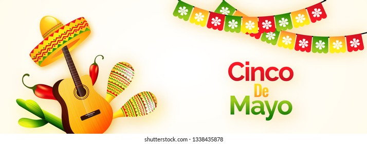 Creative fiesta party header poster or banner design with illustration of guitar, cactus plant and sombrero hat on white background with colorful bunting flag.