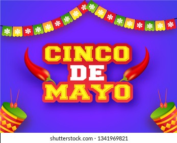 Creative fiesta party poster or flyer design with illustration of red chilli and drum on blue background with colorful bunting flag.