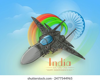 Creative fighter plane making national flag colors in the sky with Ashoka Wheel on blue background for India Independence Day celebration.