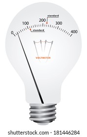 Creative filament lamp voltmeter with scale and the difference in the standards of the supply voltage. Vector illustration.