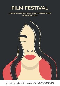 Plantilla de cartel retro del festival de cine creativo con cara de mujer con peinado de tira de película. Concepto de cine de película. Ilustración vectorial