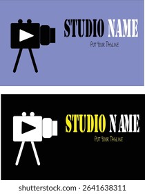 Creative Film Studio Logo with Retro Movie Camera Icon and Stencil Text

