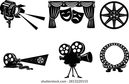 Creative Filmmaking and Theater Silhouette Collection with Cameras Projectors Stage Decor and Performance Scenes.
