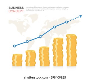 Creative financial and business growth chart infographic with golden coins on world map.