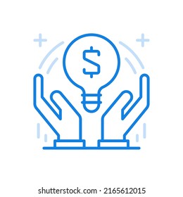 
Creative financial idea vector line icon. Constructive marketing system of monetary development. Hands hold light bulb with symbol money. Innovative business thinking inspired commercial education.