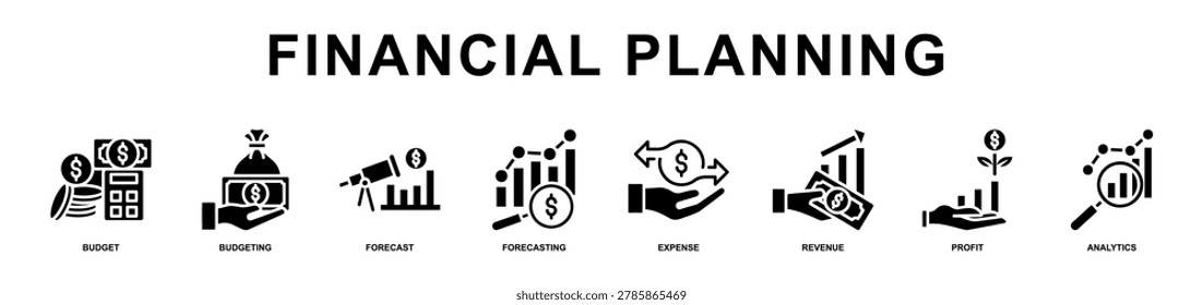 Creative financial planning banner with budgeting, forecasting, revenue tracking, expense analysis, and profit growth business concepts.