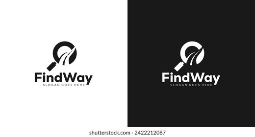 Creative Find Way Logo. Magnifying Glass and Journey, Road, Route, Map Pin with Minimalist Style. Search Way Logo Icon Symbol Vector Design Template.