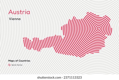 Creative fingerprint map of Austria. Political map. Vienna. Capital. World Countries vector maps series. Fingerprint Spiral series