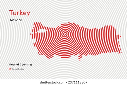 Creative fingerprint map of Turkey. Political map. Ankara. Capital. World Countries vector maps series. Fingerprint Spiral series