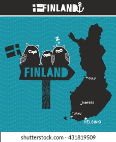 Creative Finland. Map and wooden road sign with cute owls. Vector illustration.