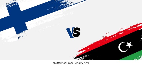 Ilustración de la bandera de la escoba de Finlandia creativa vs Libia. Estilo de pincel artificial dos indicadores de país fondo de relación