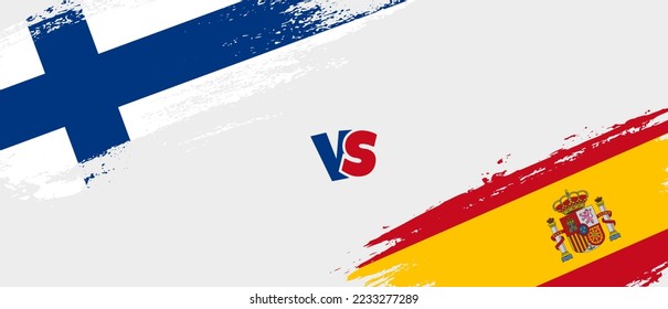 Creative Finland vs Spanien bürsten Flaggen-Illustration. Zwei Länderflaggen im Stile eines künstlerischen Pinsels, Hintergrund