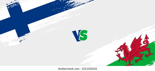 Creative Finland vs Wales brush flag illustration. Artistic brush style two country flags relationship background