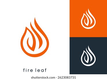 creative fire flame with leaf line art logo vector design concept