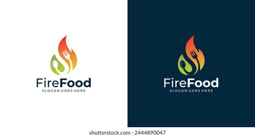 Creative Fire Food Logo. Fire Flame, Leaf and Spoon Fork with Modern Gradient Style. Restaurant Logo Icon Symbol Vector Design Inspiration.