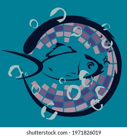Creative fish in a bubble. The picture uses blue and purple tones. This will make a very nice poster.
