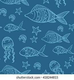 Creative fish vector seamless pattern. Hand-drawn cute fish, starfish and jellyfish. Lovely fish floating in the ocean water. Cute pretty fish. zentangle doodle style. Blue marine theme.