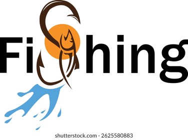 Creative fishing logo with hook Fish water splash and sun symbol Illustation