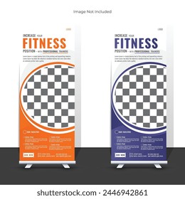 Creative fitness gym standee x rollup banner design template. Modern minimal gymnasium display banner. Attractive fitness banner promotion ads.