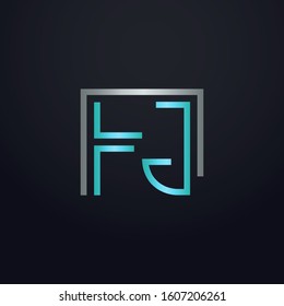 Creative FJ letter with maze linear style. Modern logo symbol for business corporate. Blue and white logo on blue dark background. Square shape, colorful, linked and technology. Unusual design vector.