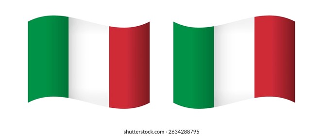 Creative flag of Italia, 3D concept. Italian flag design. Sports icon. Travel advertising element. T shirt or gift graphic. Isolated template in white backdrop. Set of flags. Decorative waving shape. 