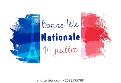 Creative flag logo with French inscription Bonne Fete Nationale - Happy National Day, July 14. T shirt graphic, gift design elements with brushing stroke style. Isolated icon.
Welcome to France idea.