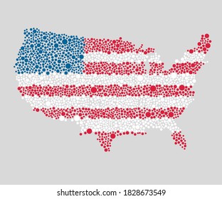 Creative flag United States of America made colorful dots isolated on background. Flat state vector template for trip, pattern, celebration poster. National beautiful points modern sign concept.