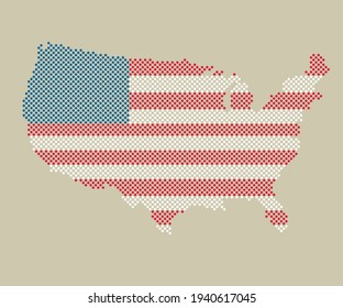 Creative flag United States of America made colorful dots isolated on background. Flat state vector template for trip, pattern, celebration poster. National beautiful points modern sign concept