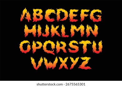 Creative flaming alphabet set in gradient fire style. Bold burning letters with flame effect, perfect for posters, banners, party invitations, and digital design projects.