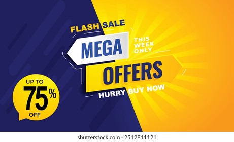 Creative venda flash, mega oferecer fundo até 75 por cento de desconto, oferta especial, tempo limitado apenas, vendas campanha venda flash azul amarelo vermelho banner design modelo para mídias sociais e site