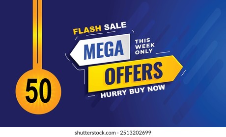 Creative flash sale, mega offer background upto 50 percent off, special offer, limited time only, flash sale campaign sales blue yellow red banner template design for social media and website