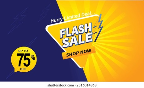 Creative Flash Sale Shop jetzt Hintergrund Banner mit Donner bis zu 75 Prozent Rabatt, begrenzte Zeit Deal, Flash-Verkauf kreative Kampagne Verkauf blau gelb Banner Template Design für Social Media und Website