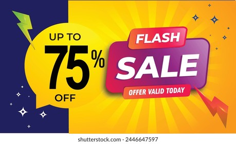 Creative flash sale shopping banner with thunder upto 75 percent off, special offer, limited time only, flash sale campaign sales blue yellow red banner template design for social media and website