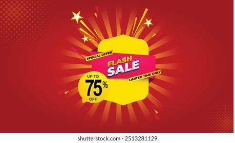 Creative flash sale shopping banner background upto 75 percent off, special offer, limited time only, flash sale campaign sales blue yellow red banner template design for social media and website